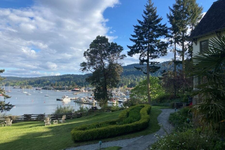 Gardens and view of the harbour at Hotel in Salt Spring Island Hastings House