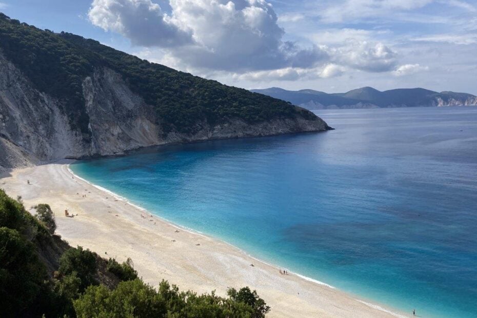 White sand Myrtos Beach with blue water