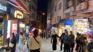 Busy walking street in Karakoy Istanbul at night