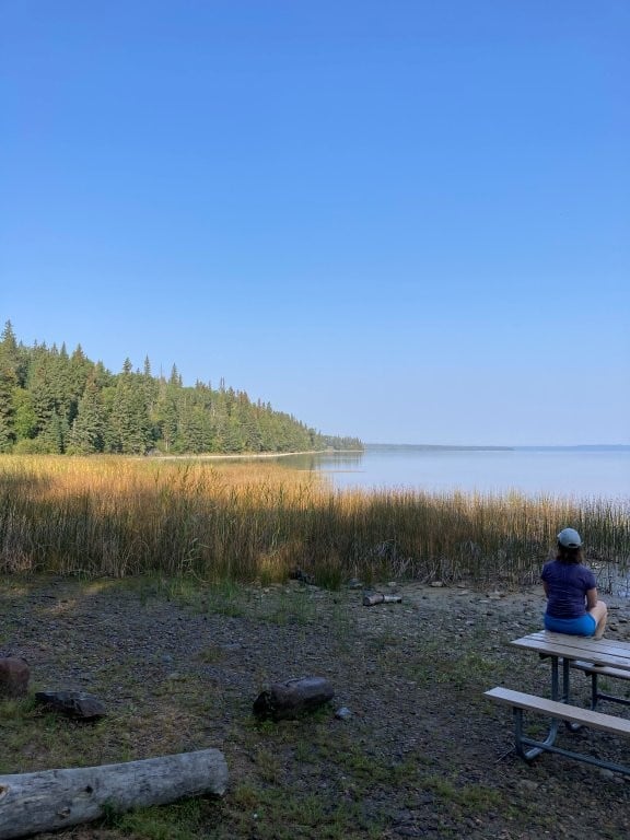 Woman sitting on a picnic table overlooking a calm, reedy lake