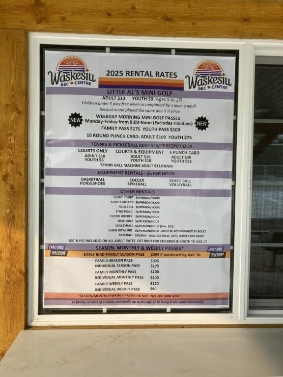 Price sheet at Waskesiu Lake Rec Centre