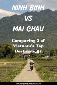 Person biking between rice fields with hills in the background