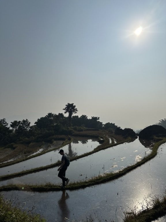 Man walking on small path between flooded rice fields