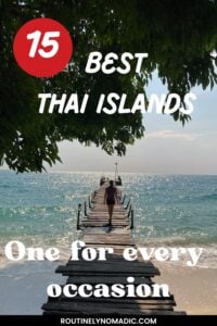 15 Best Thai Islands with photo of woman walking out on a rickety wooden dock