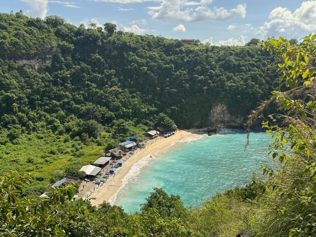 Small curved beach hidden between green hills