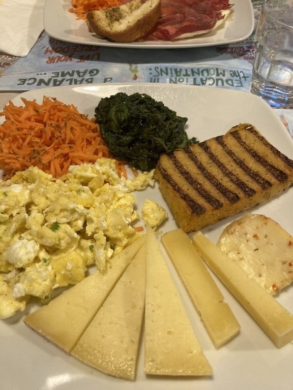 Breakfast of cheese, eggs and toast