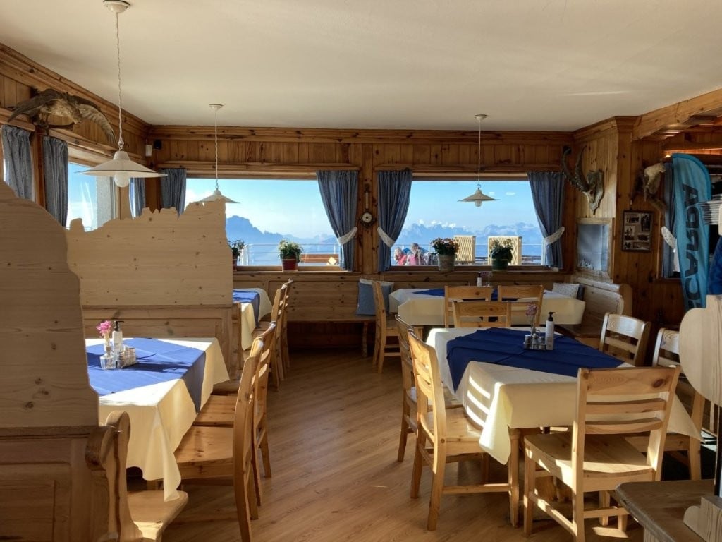 Dining room with a view of Italian mountains