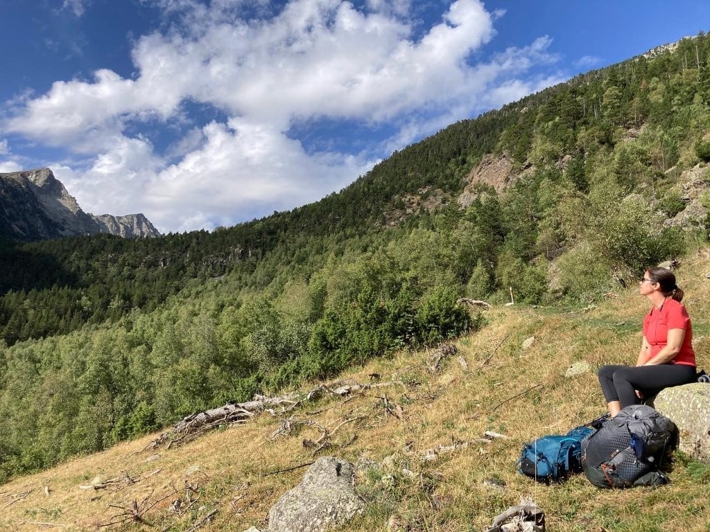 Woman sitting on rock on forested hill