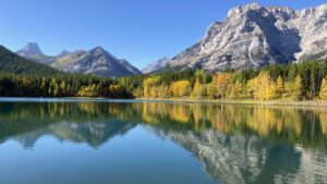 Calm lake with forest and mountain reflections