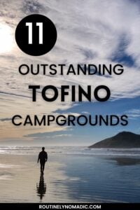 Tofino Pinterest of a woman walking on large beach at low tide