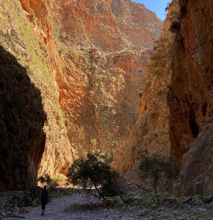 Hiker in a steep shady canyon