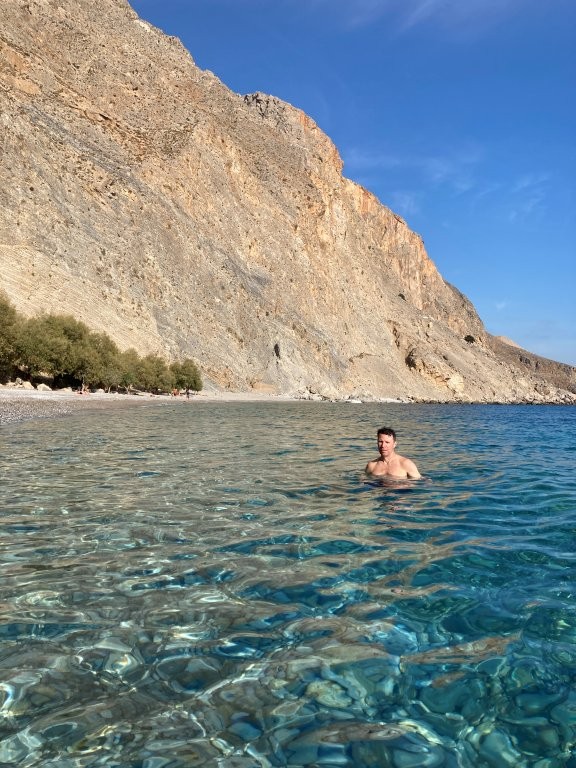 Man swimming in clear blue water