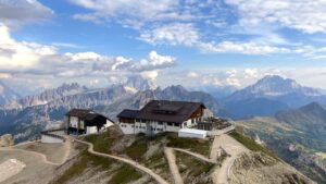 Rifugio Lagazuoi mountain hut surrounded by the Dolomites