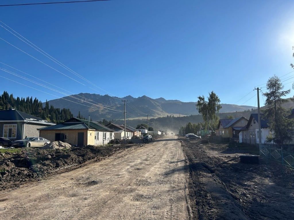 Dusty road lined with houses and construction