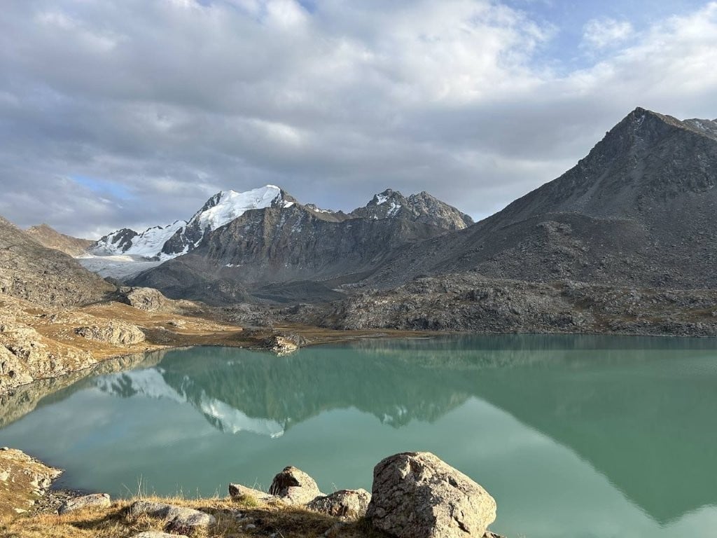 Calm lake reflecting mountains and glacier