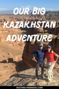Kazakhstan pinterest pin with couple on canyon rim