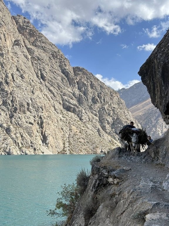 Man and mule on lakeside path in Tajikistan